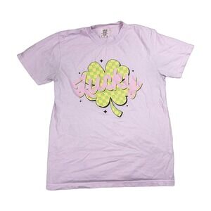 Comfort Colors Lucky Graphic T-Shirt Mens Small Purple Excellent St Patricks Day